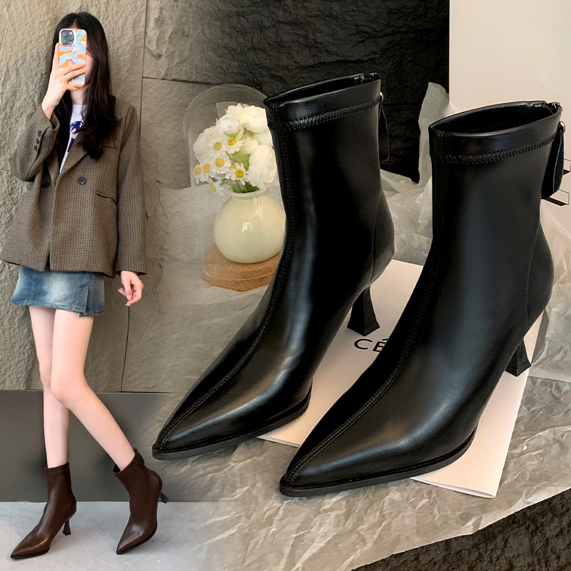 691-3-4-5 chubby girl High Heel Pointed Toe Bare Boots French Stretch Skinny Boots Big Tube Martin Boots plus size Women's Boots