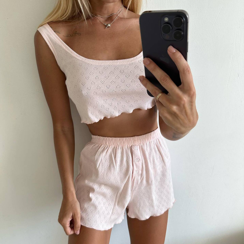 Cross-border 2024 Summer New European and American Leisure Women's suit Solid Color Hollow Design Sling Pajamas Home Clothes