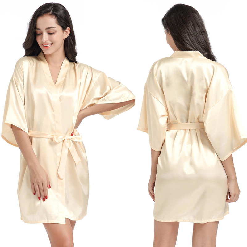 Picture of Amazon Cross-border Women's Twisted Sade Nightgown Bathrobe Solid Color Glow Summer Thin Sexy Short Cardigan Gown