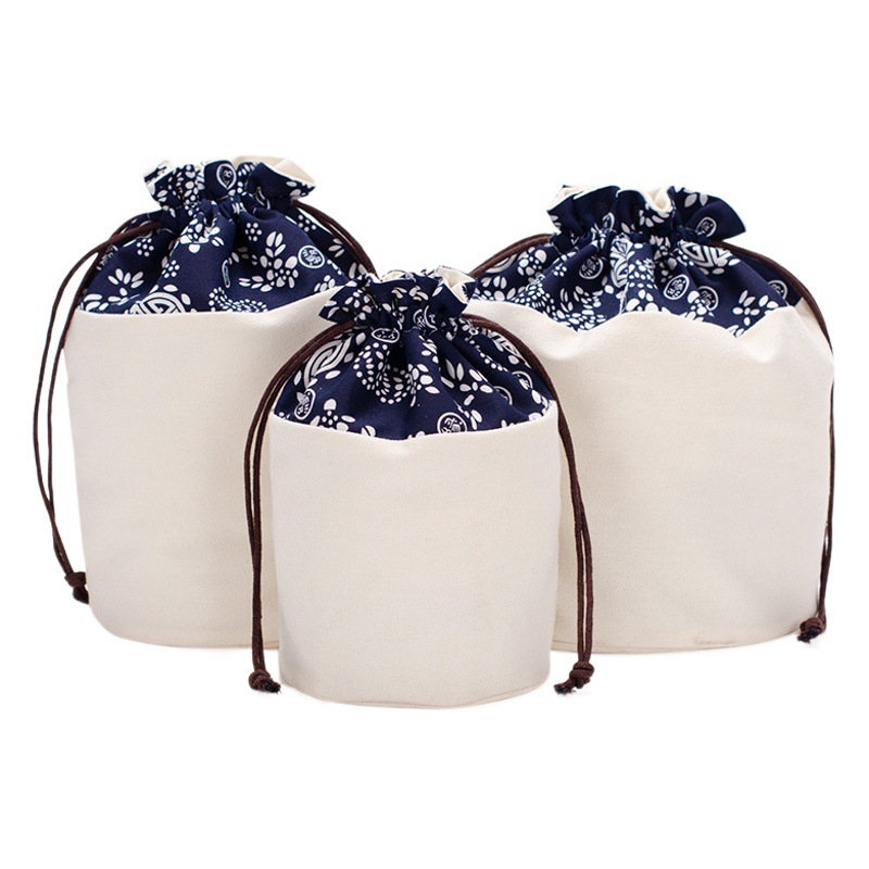 Factory spot Chinese style element blue and white cloth bag round bottom drawstring bag tea set tea cake storage bag