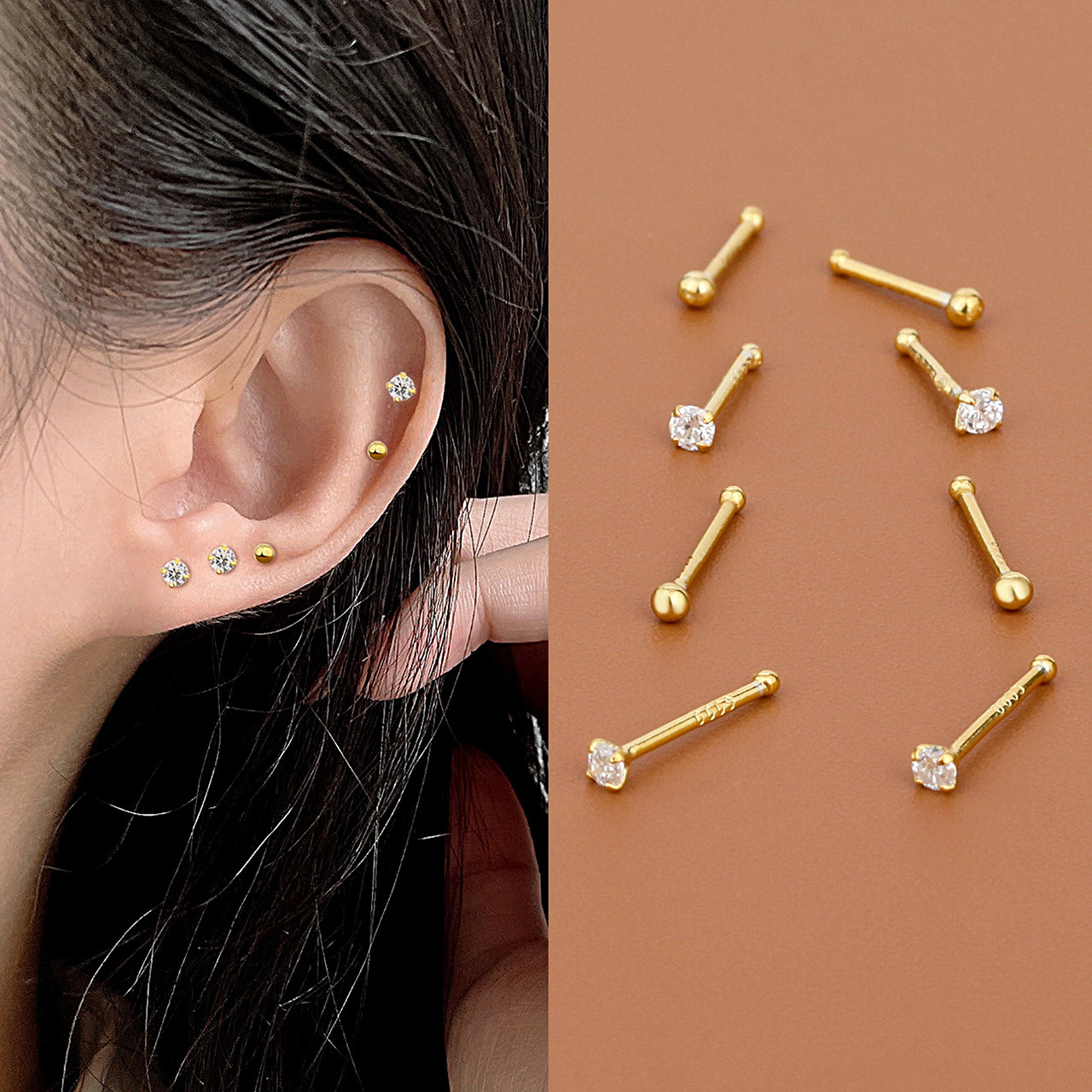 S999 Sterling Silver Earrings Women's Foot Silver Free Earplugs Ear Bone Nails Four Claw Free Pick Small Earrings Earrings Earrings Ear Stick Ear Holes