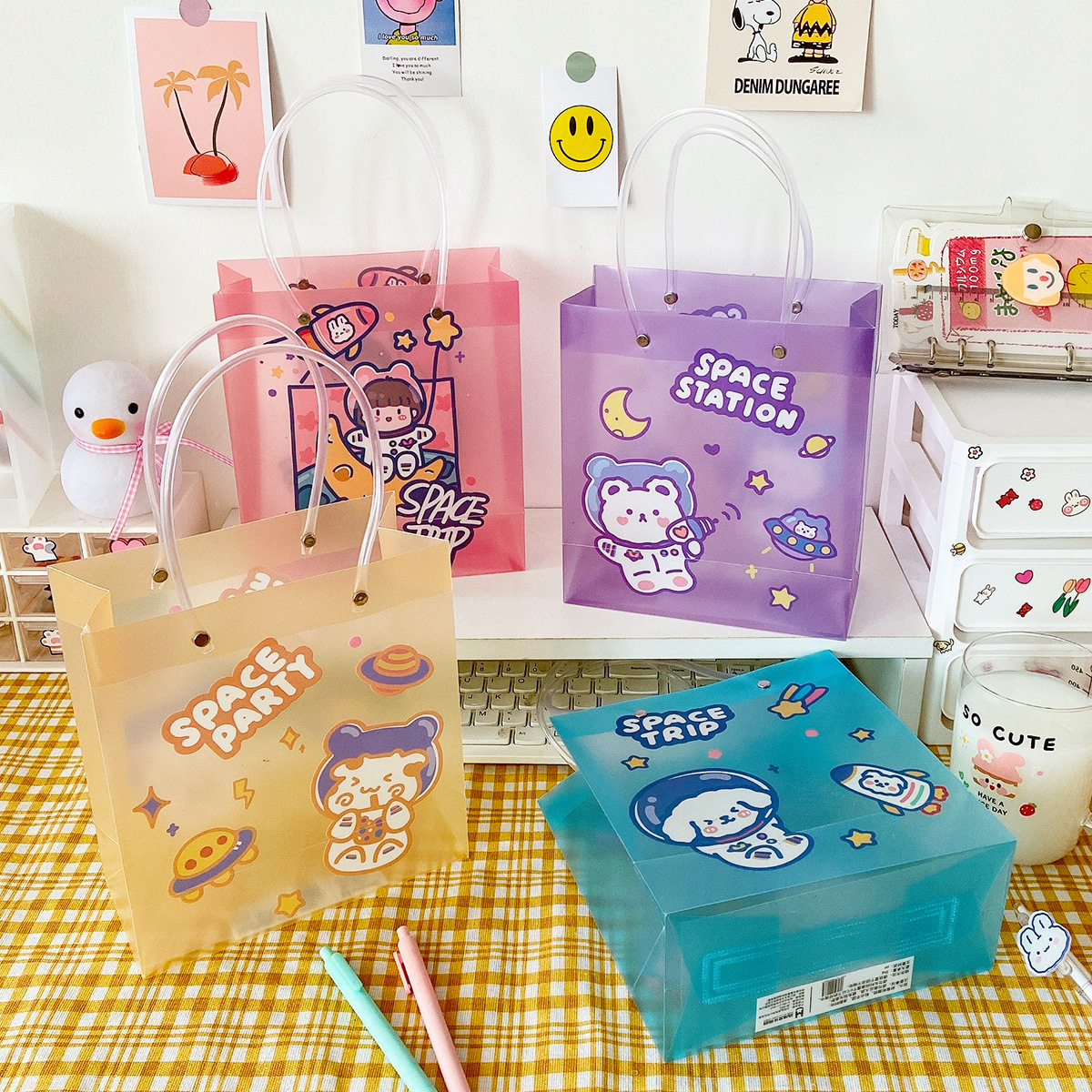 ins style cartoon transparent gift bag girl student cute plastic handbag birthday gift packaging bag