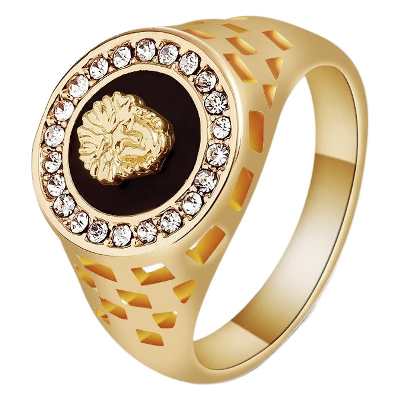 Cross-border jewelry European and American fashion men's ring head diamond-encrusted hollow oil dripping round lion head index finger ring