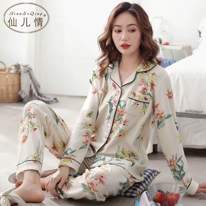 Picture of 100% Pure Cotton Pajamas Women's Long Sleeve Women's Spring and Autumn Cardigan Lapel Pajamas Outwear Winter Home Suit