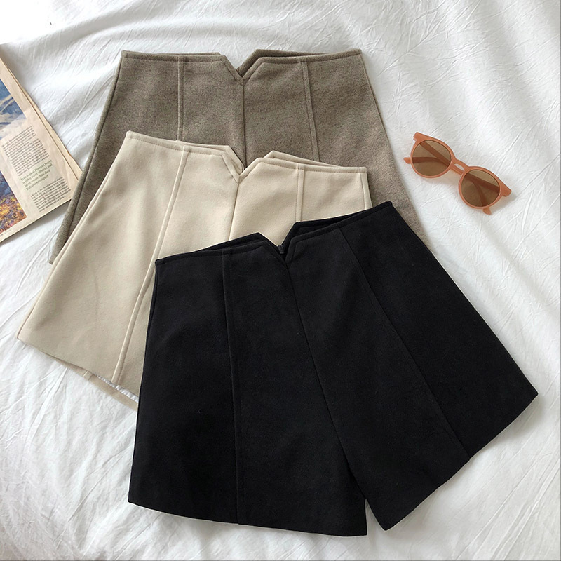 Woolen Simple Shorts Women's New Autumn and Winter High Waist Fashionable A- shaped Pants Slimming Leisure Wide Leg Pants with Sweat