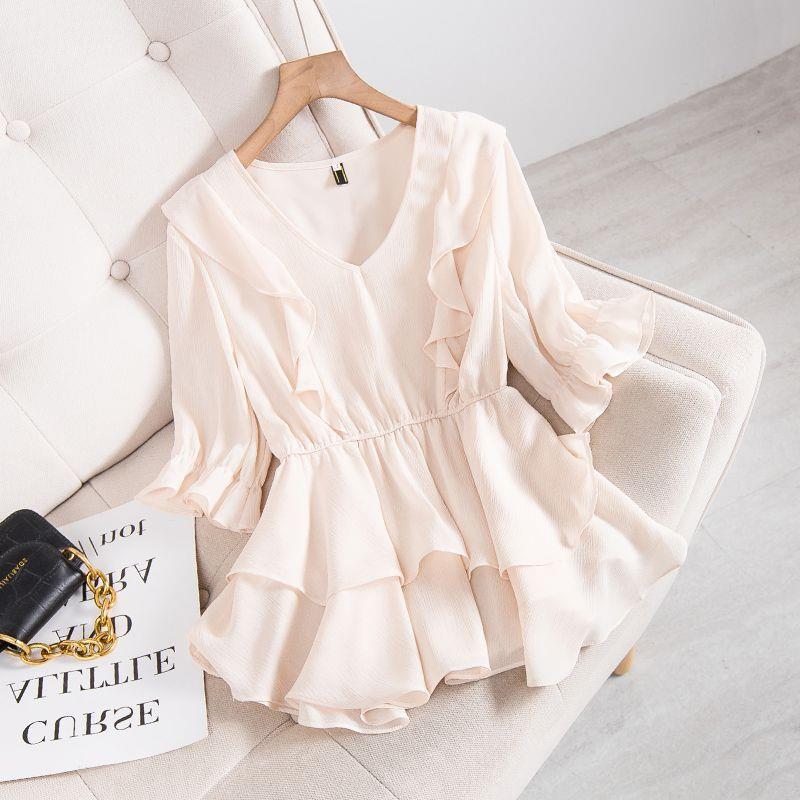 Picture of Fat Girl elegant waist-tight plus size women's top women's summer design belly-covering slimming chic chiffon shirt