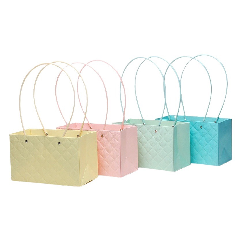Macaron color handbag trapezoidal embossed flower box material bouquet gift box factory wholesale flower bag packing box
