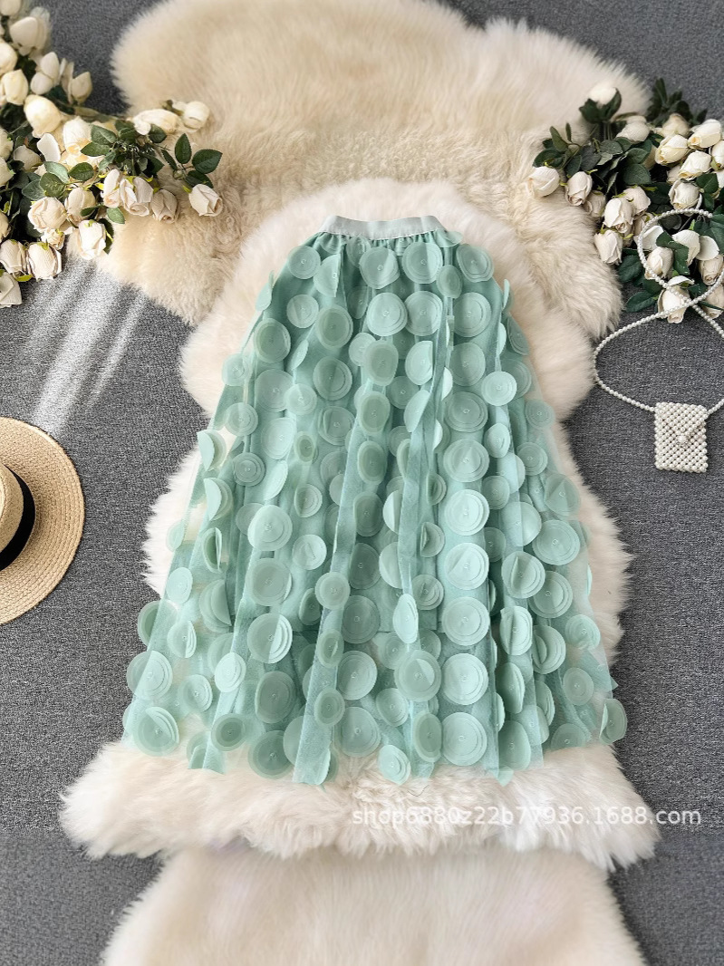 British Style Black Mesh Skirt 2025 New Design Mid-Length Umbrella Skirt