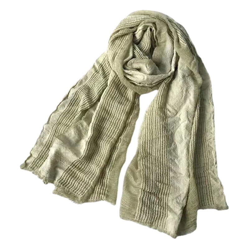 Pleated Cotton and Linen Women's Korean Style Easy-To-Match Vertical Stripe Tassel Scarf 2024 Spring and Autumn Thin Decorative Long Scarf Wholesale