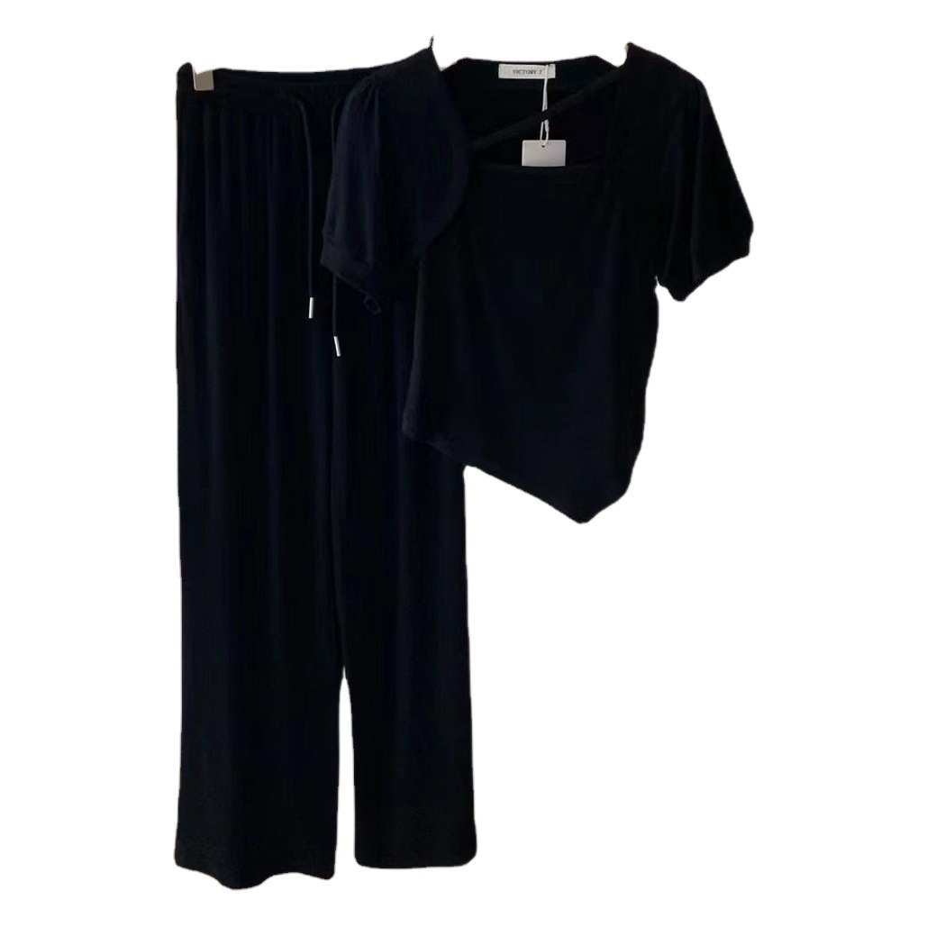 Summer short sleeve suit women's 2023 new western style top design sense niche wide leg pants two-piece set