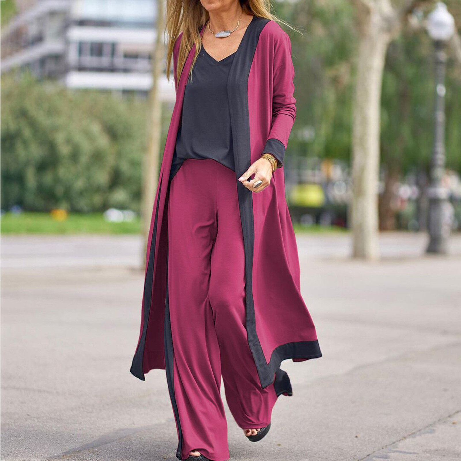 Picture of Casual Solid Color Stitching Contrast Color Sleeveless Vest Long Sleeve Cardigan Jacket Pants Three-Piece Set