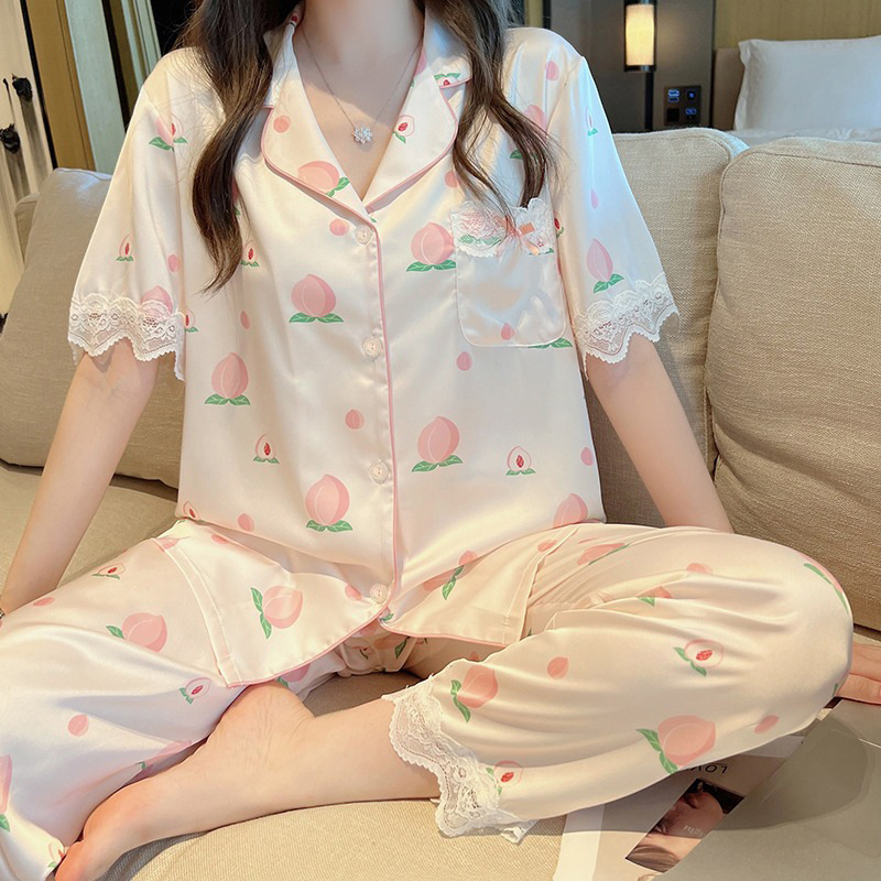 Peach Lace Pajamas Women's Summer Ice Silk Sliding High-end Internet Popular Short Sleeve Trousers Sweet Home suit Wholesale