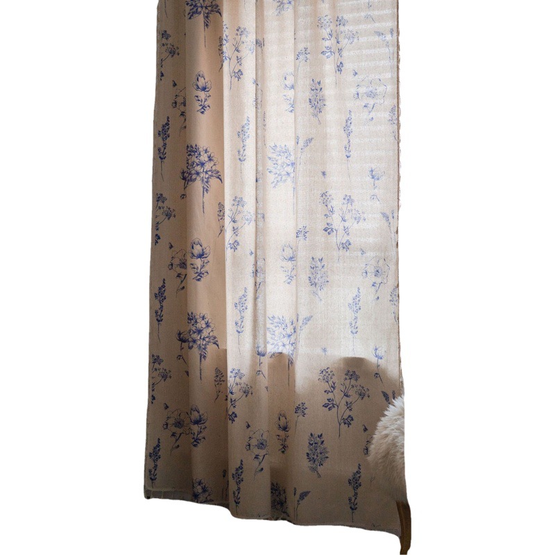 Yiman Qiyun Curtain Blue Flower Printed Curtain Finished American Style Kitchen Curtain Bay Window Kitchen Curtain Semi-Shaded
