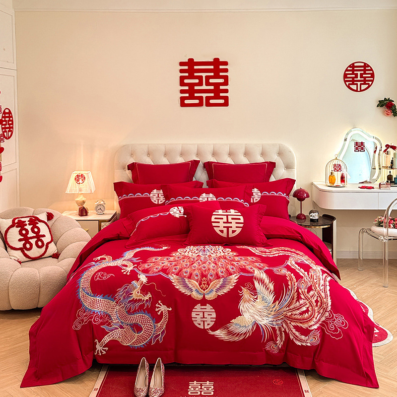 Picture of High-end European-style Wedding Four-piece Cotton Big Red Embroidered Sanding Quilt Cover Wedding Bedding Accompanying Wedding Room