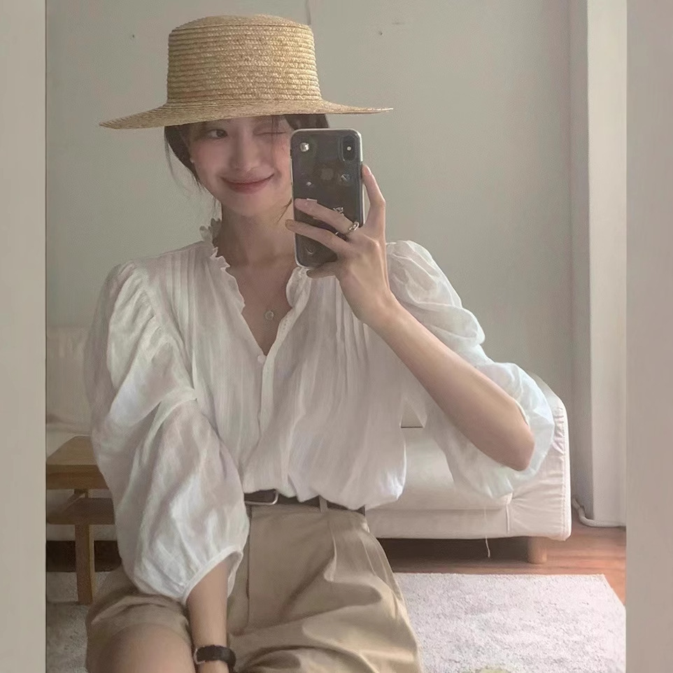 South Korea chic spring French sweet wood-ear V-neck single-breasted crimped design seven-sleeve shirt top