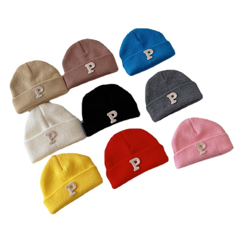 Korean Style Simple Letter P Label Children's Knitted Melon Skin Hat Autumn and Winter Solid Color Baby Warm Wool Hat