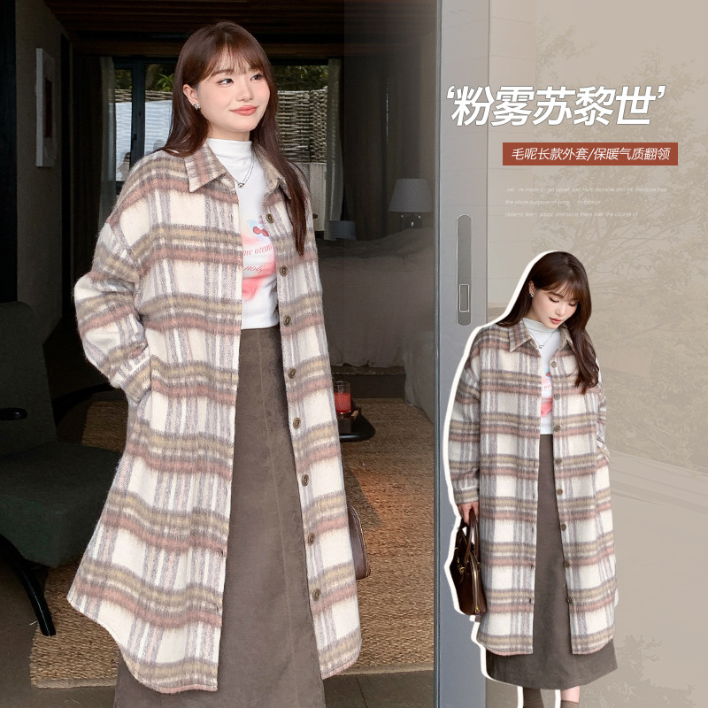 65112丨Korean Retro Plaid Plush Woolen Outwear Winter Fat mm Size Women's Loose Long Flesh-Covering Outwear