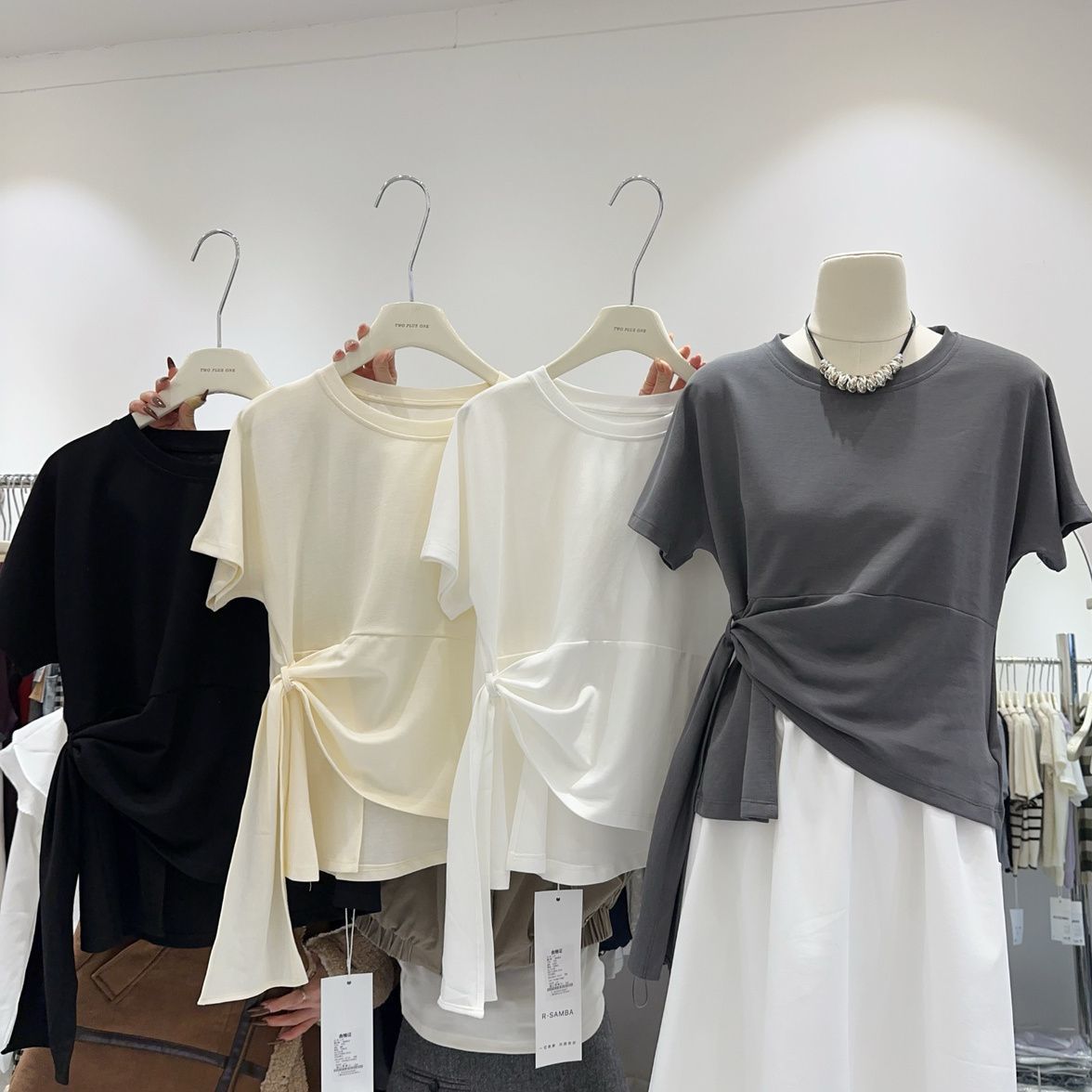 Pure Cotton Korean Style Trendy Cacer Design Sense Cross Tight Waist Slim Round Neck Short Sleeve Women's T-shirt Western Style Top All-match