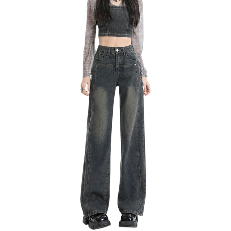 Cement gray all-match wide-leg jeans women's net red pear-shaped figure slimming straight loose draping mop long pants