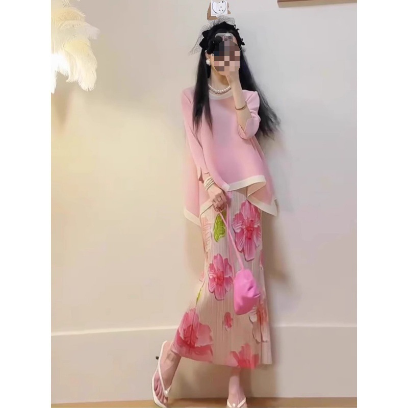Tie-dyed Beautiful Skirt Mid-length Skirt 2024 Women's Summer Split High-end Slim A- line French Printed Pleated Skirt