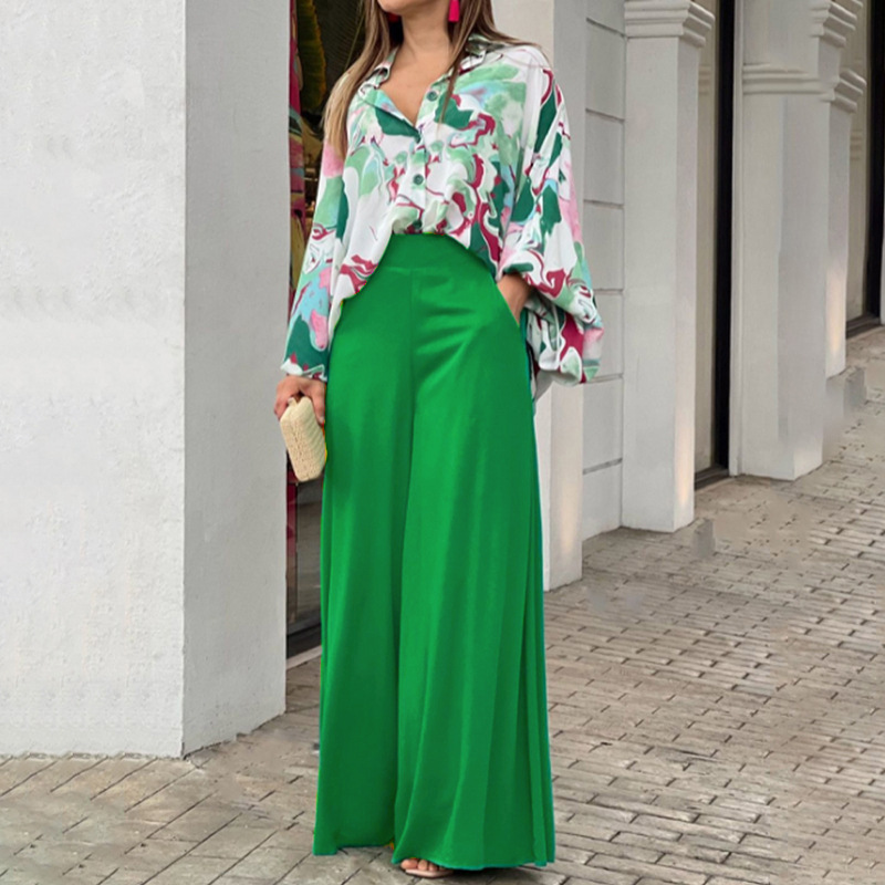 European and American Women's Clothing Independent Station Summer eBay Printed Shirt Elegant Elegant Wide Leg Pants Fashion Casual suit