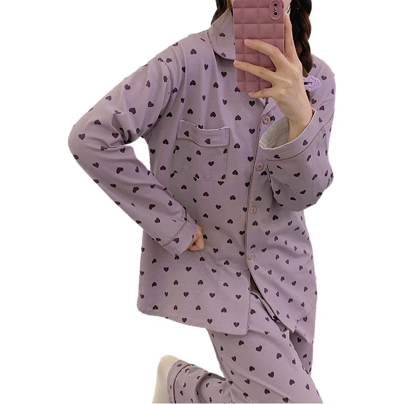 Autumn and winter new dopamine purple love full print pajamas women's lapel long sleeve trousers home clothes two-piece wholesale