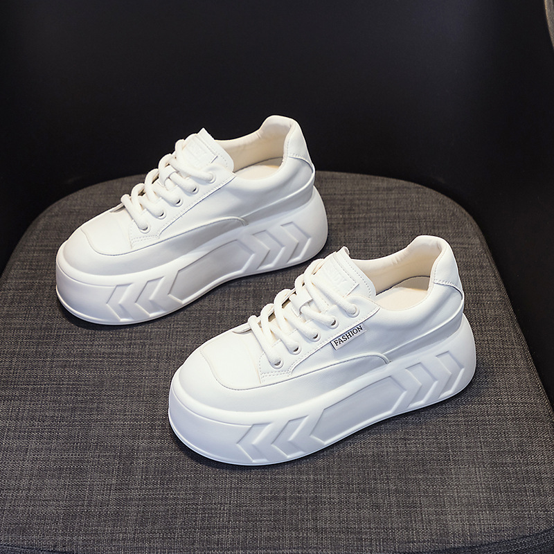Picture of Women's Bread Shoes 2025 Spring New Leather Thick Sole Inner Heightening Casual Versatile Foot-Showing Small Platform Shoes Small White Shoes
