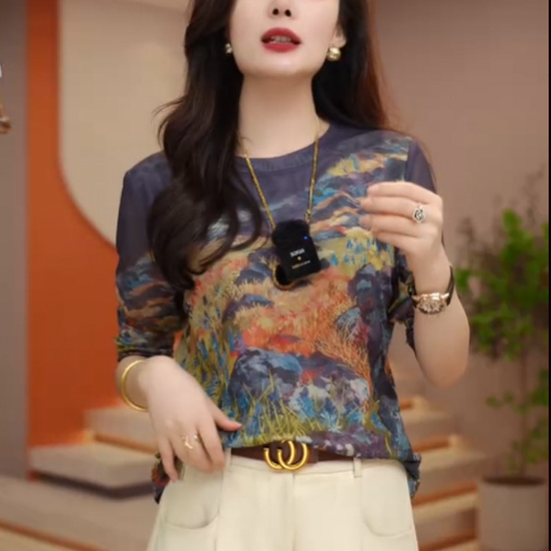 Picture of Skin Mesh Long-Sleeved T-Shirt Women's Autum New European Tie-Dye Bottoming Shirt Slim Inner Top