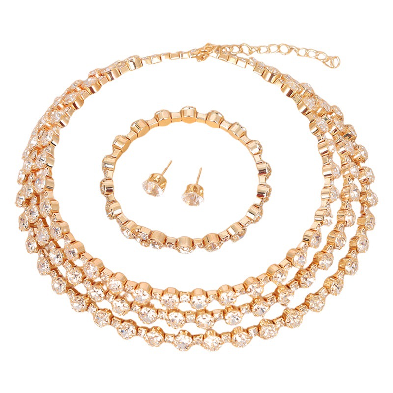 Bridal Jewelry Three-row Collar Bracelet Earrings Three-piece Set Full Diamond Fashion Exaggerated Claw Chain Jewelry Necklace suit