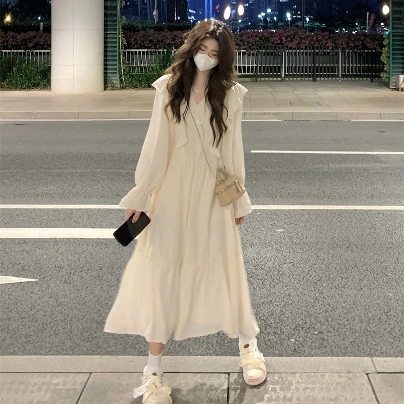 French tea break first love apricot dress Women's Mid-length Korean style loose waist slimming casual temperament fairy skirt