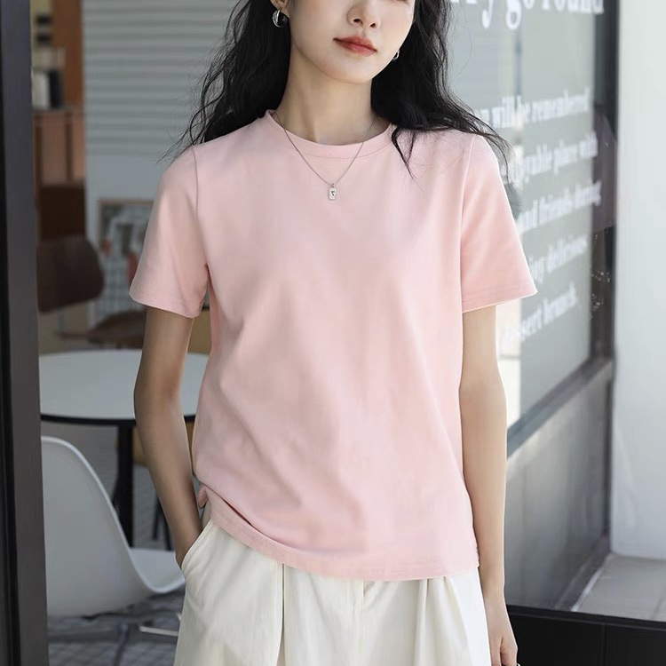 2024 New Shoulder Slim Fit Double Yarn Cotton T-shirt Women's Short Sleeve Summer Couple Base Shirt Solid Color Foreign Trade Wholesale
