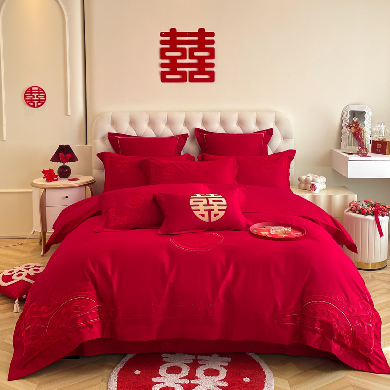 Picture of Y * J Chinese Dragon and Phoenix Embroidery Big Red Wedding Four-Piece Set Wedding Accompanying Cotton Six-Piece Bed Sheet Quilt Cover Bed