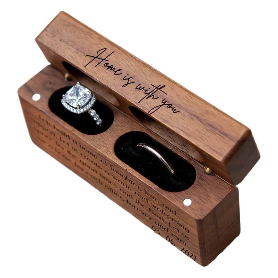 Black Walnut Ring Ring Box Double Slot Wedding Proposal Ring Box Jewelry Flip Cover Engraving Laser Engraving Pattern