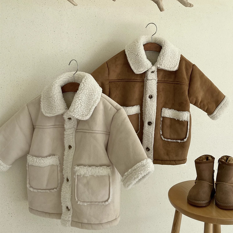 Picture of Korean Style Ins Children's Wear Winter New Color-block Cardigan fleece-lined Western Style Thickened Casual Lamb Wool Jacket for Boys and Girls
