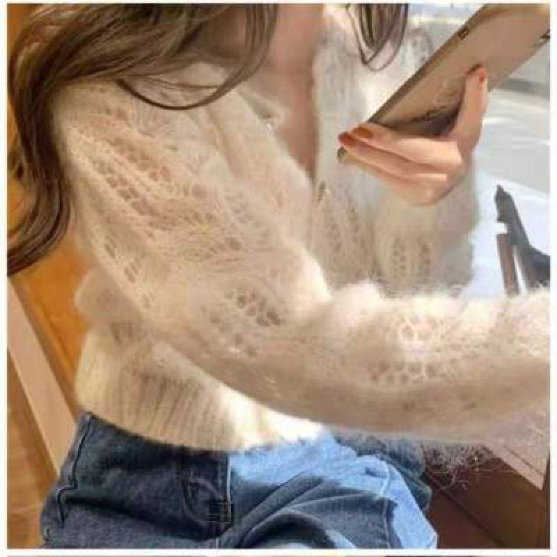 Thin Hollow Mohair Sweater Cardigan 2024 New Spring Loose Small Fragrance Style Short Sweater Jacket