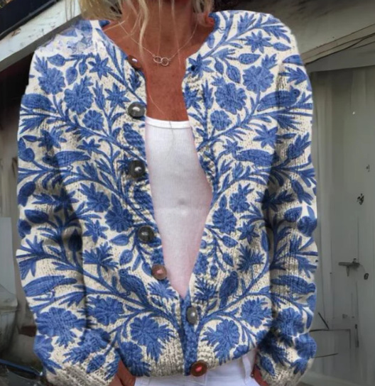 Picture of In stock new European and American cross-border Amazon loose cardigan long sleeve crew neck 3D printed sweater women's knitwear