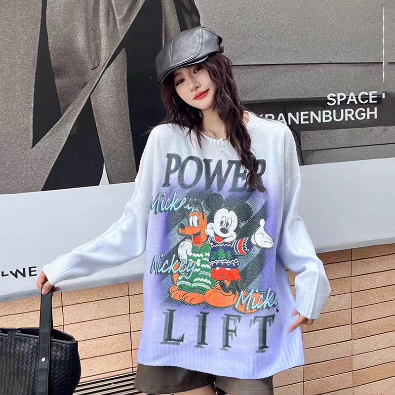 European Station plus size Crewneck Sweater Women's Spring and Autumn 2024 Cartoon Printed Heavy Industry Rhinestone Mid-length Knitted Top