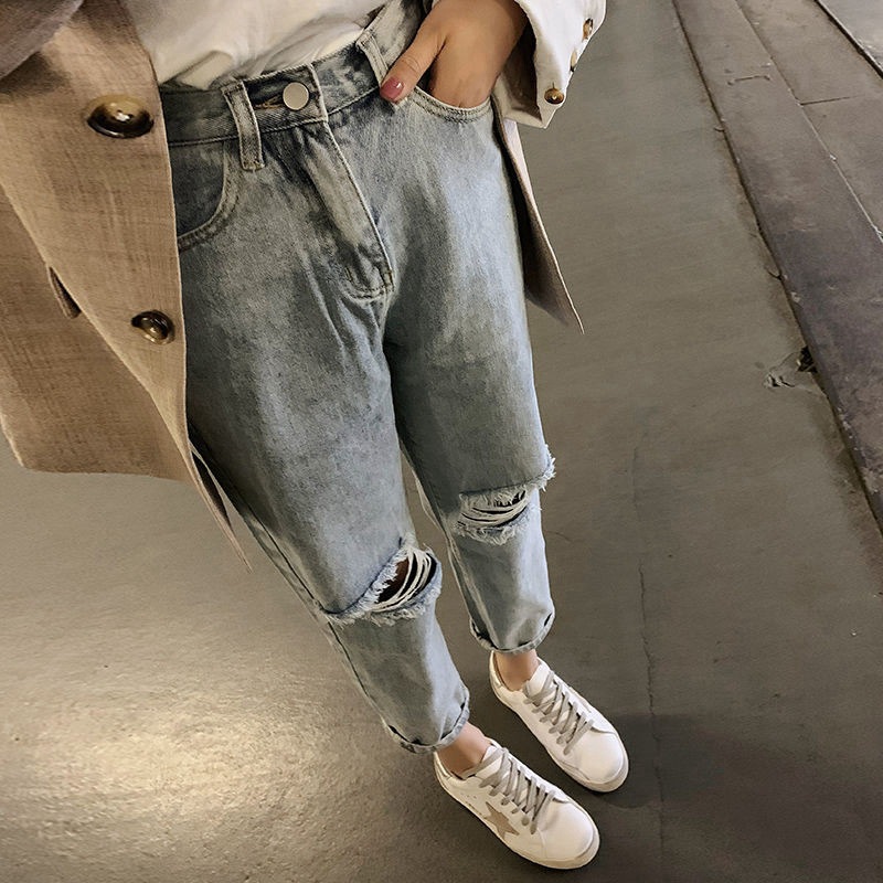 Nine-Point Ripped High-Waisted Jeans for Women, Summer 2020, Versatile, Slimming, Loose, Light-Colored Straight-Leg Pants, High-Waisted and Slimming