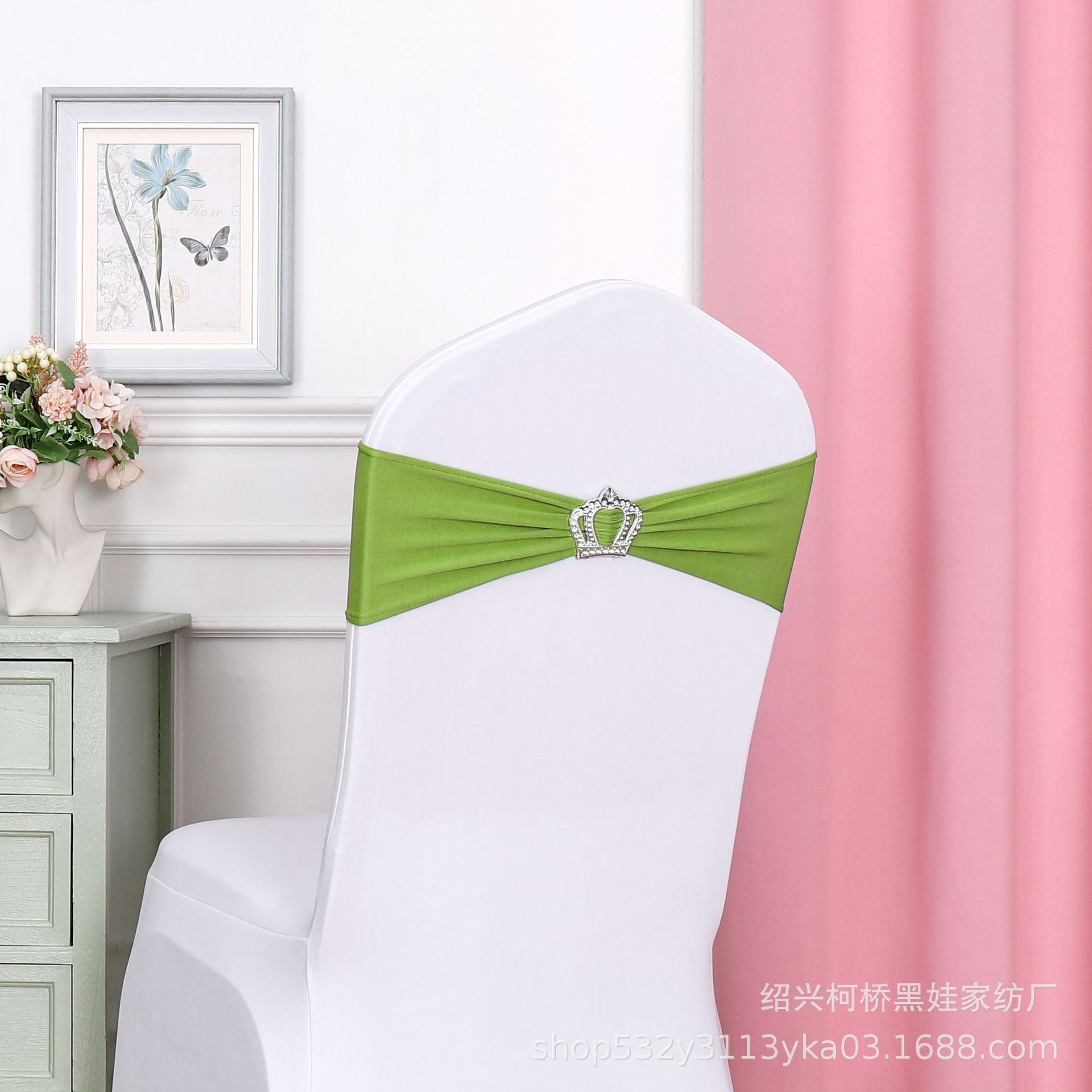 Picture of Chair Back Flower Bow Crown Diamond Buckle Elastic Banquet Chair Set Decoration Free Wedding Strap Ribbon Wedding Ribbon