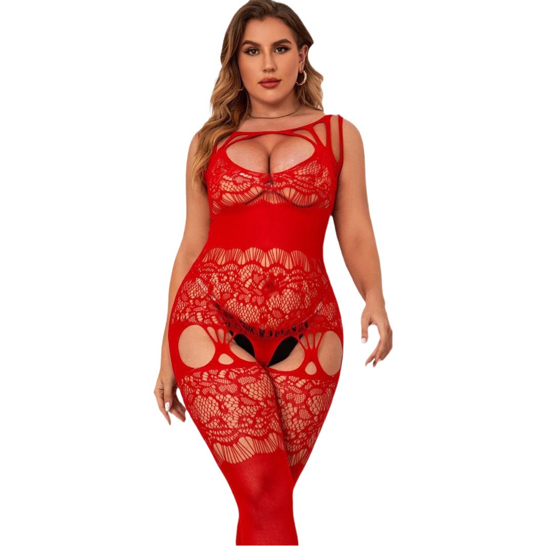 European and American Cross-border Big Red Plus Size Sex Lingerie Sexy Hollow Sex Pajamas Jacquard Fat Girl Jumpsuit Mesh Clothes