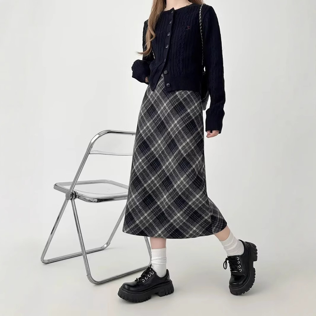 Vintage Plaid Woolen Skirt Women's American-style High Waist Mid-length A- line Hip Skirt Autumn and Winter Slimming High Waist Skirt Ins