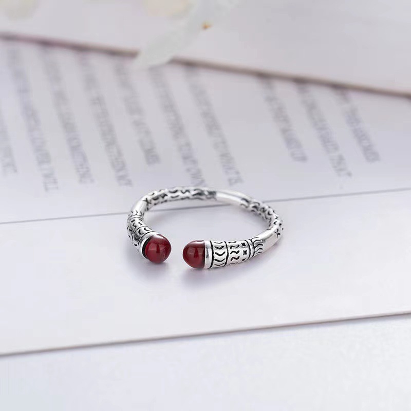 Picture of Retro style fashion match Ring red agate vintage distressed Thai silver unisex ring adjustable ring