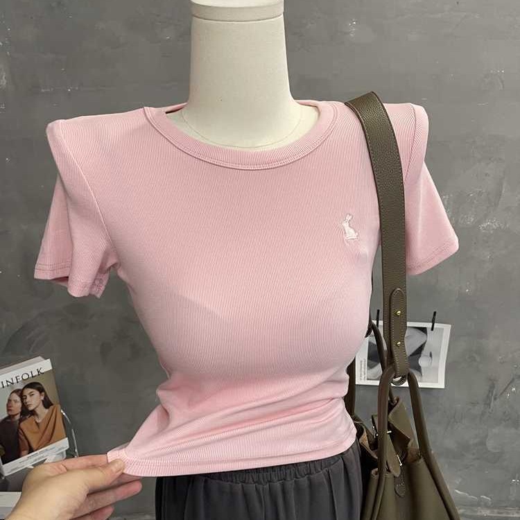 Sweet Pure Desire ~ Temperament Rabbit Embroidered Short-sleeved T-shirt Women's Slim-fit Slimming Short Top with Thread Base