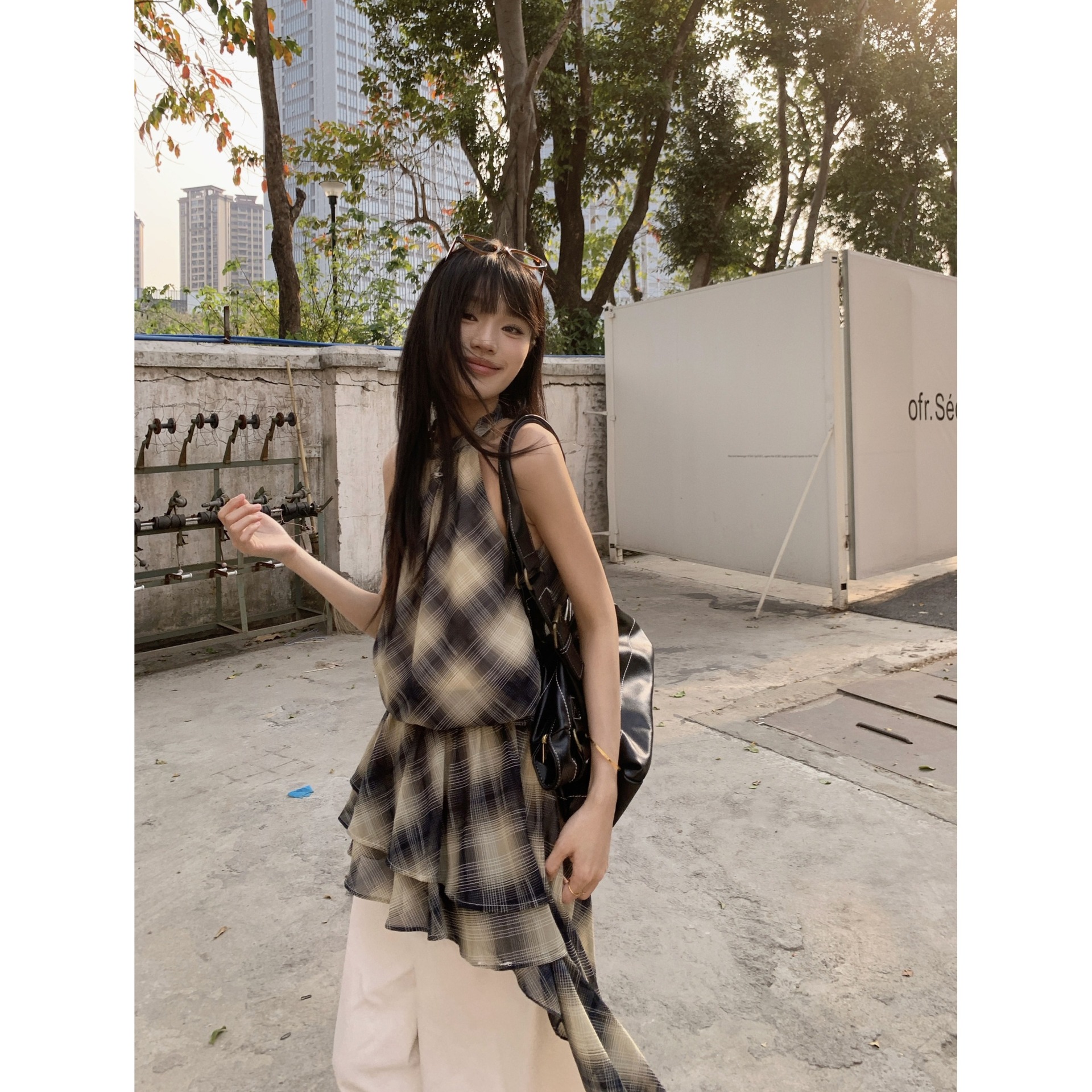 Fashionable Irregular Halter Neck Dress Women's Summer Elegant Plaid Color-Block Layered A-Line Dress