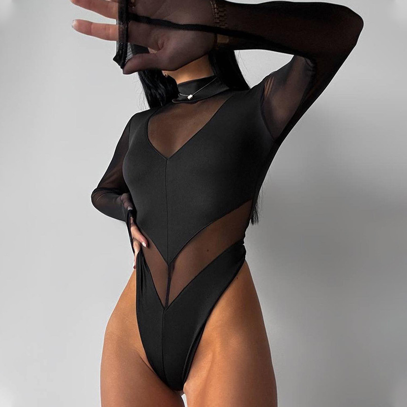 European and American foreign trade new women's solid color long sleeve half high collar mesh stitching perspective fashion sexy tight body suit