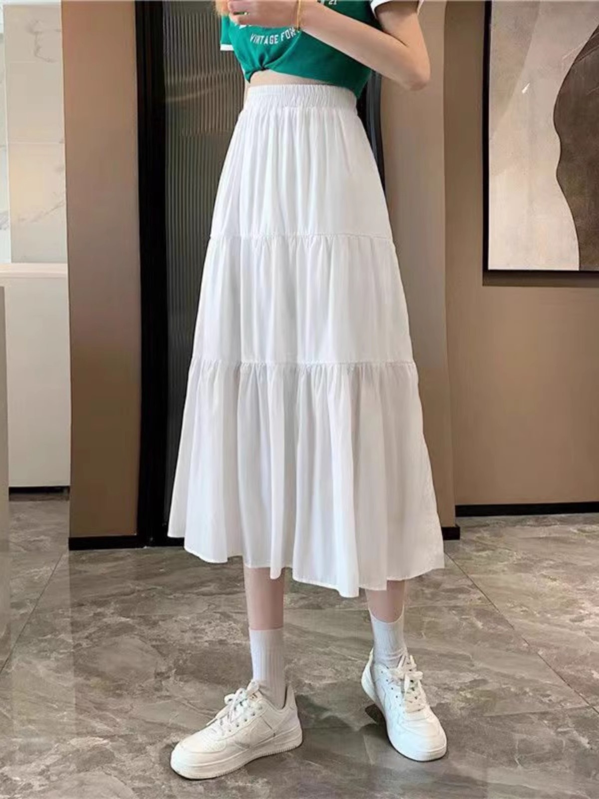 White Skirt Women's Little 2024 Spring New Mid-length Cake Skirt High Waist A- line Skirt Long Skirt