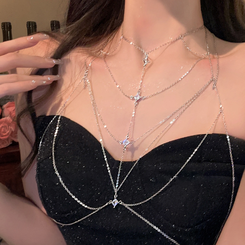 Flash Zirconium Tassel Necklace Women's Summer Trendy Cool Hot Girl Body Chain Chest Chain Full Body Sexy Bikini Three-Dimensional Back Chain