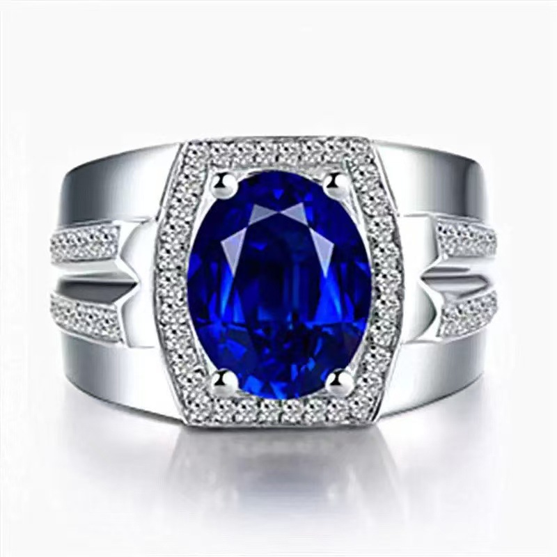 Picture of Hot Sold to Diamond Blue Diamond Men's Ring Myanmar Imitation Natural Sapphire Ring Plating 18K Gold Inlay Popular Ring