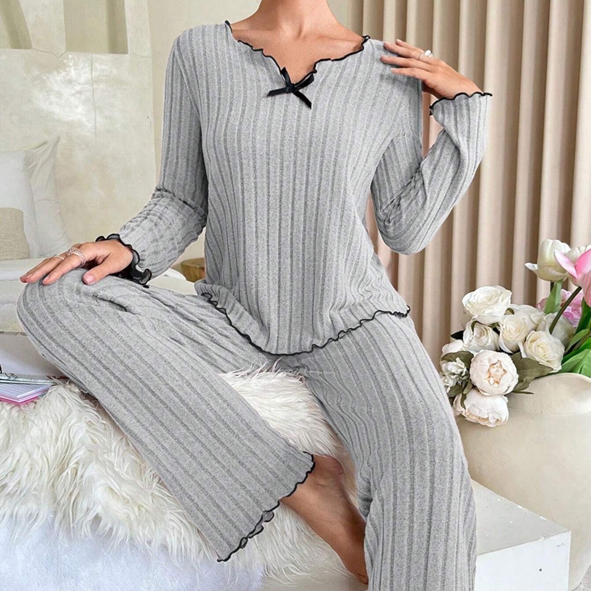 European and American Cross-border 2024 Hot Selling Amazon Explosions Ear Edge Women's Casual Pajamas Home suit Clothes Pit Strip