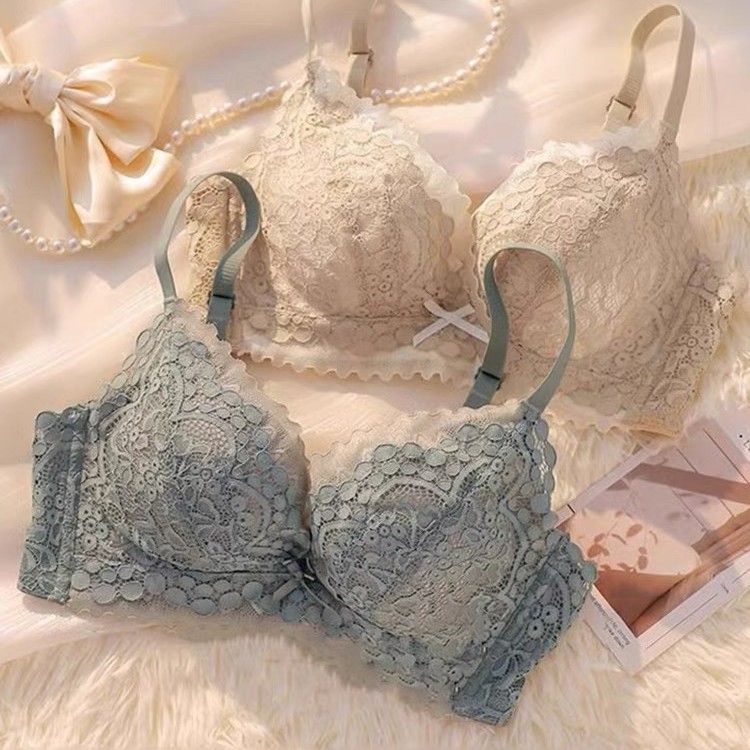 Underwear for Women with Small Breasts, Push-Up, Thickeneding, Wire-Free Adjustable Breast-Retracting Anti-Sagging Bra, Lace Bra Set